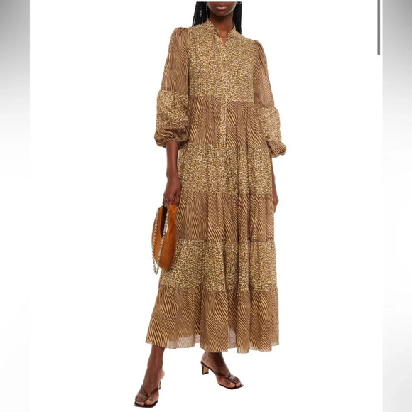 Zimmerman Empire Tiered Dress in Spliced Animal Print in Brown Maxi Dress Size 0 - Picture 1 of 13